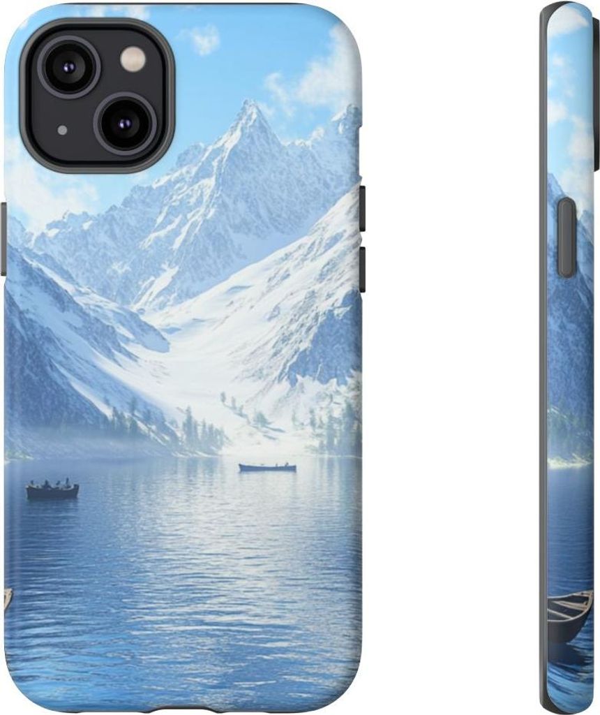 Verschneiter Bergsee mit Ruderbooten – Hülle Kompatibel mit iPhone 14 Plus