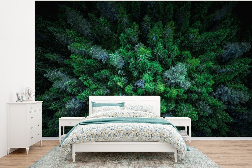 MuchoWow Fototapete für Wohnzimmer oder Schlafzimmer Wandtapete Vinyl Motivtapete Draufsicht auf einen Wald mit Fichten - 375x280 cm - Schlafzim...