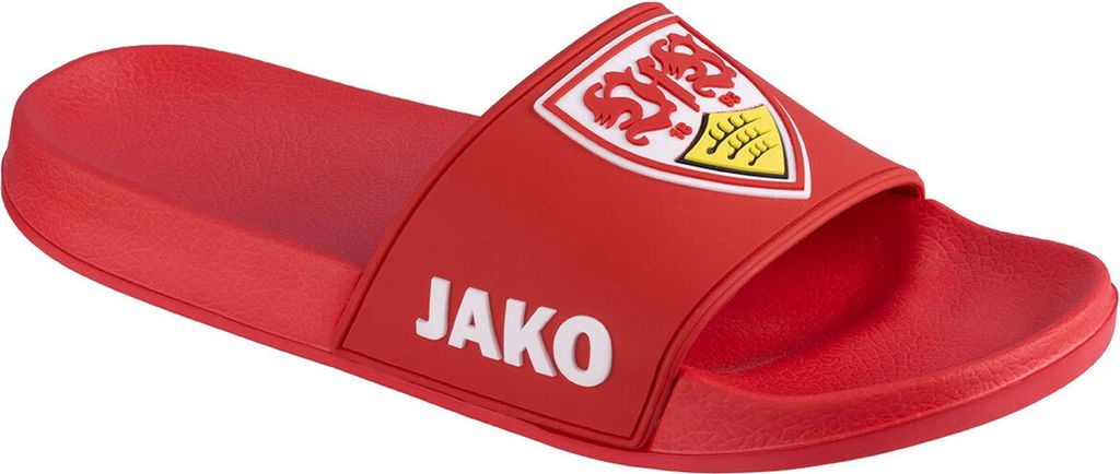 A red slide sandal with a logo and brand name.
