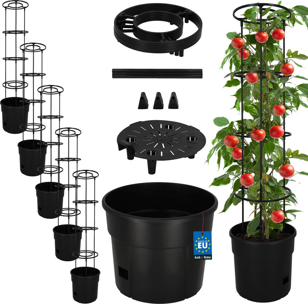 KOTARBAU 5er Set Tomatenpflanze Pflanzkübel 30 cm mit Rankhilfe 115 cm Tomatentopf für Balkon Pflanzenstütze Schwarz