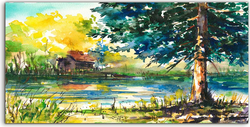 Coloray Glasbild 140x70 Wandbild Glasbilder Foto Bild Landschafts Dorf Baum Wasser