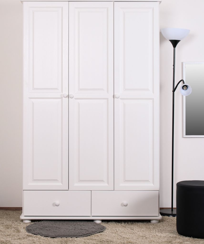 Schlafzimmer - Kleiderschrank, Kiefer Massivholz weiß lackiert - Abmessungen: 195 x 117 x 57 cm (H x B x T)