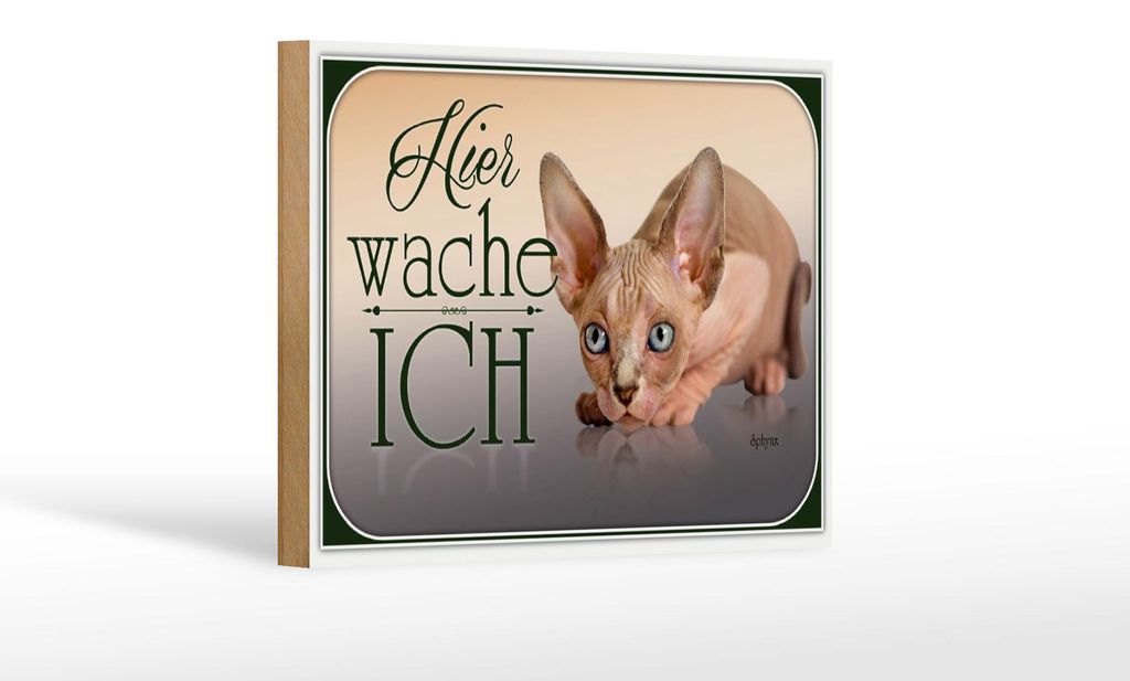 Holzschild Katze 18x12cm Sphynx hier wache ich