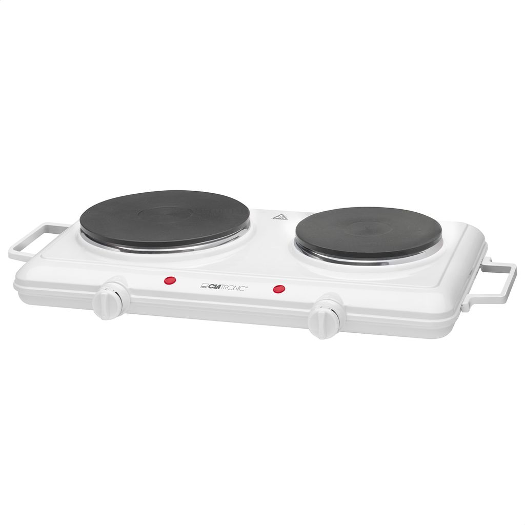 A white electric double hot plate with black cooking surfaces.
