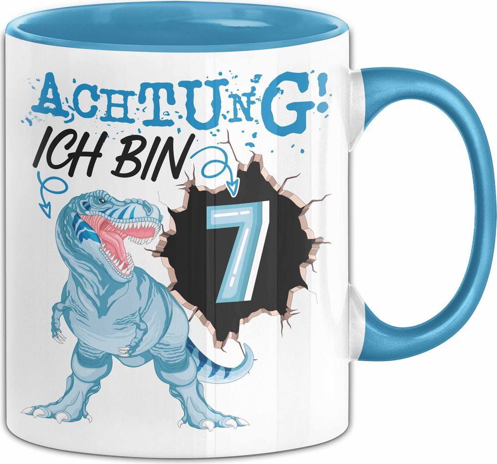 7. Geburtstag Geschenk Tasse Becher Jungs Sohn T-Rex Geburtstagsgeschenk Dinosaurier Achtung Ich bin 7 (Blau)