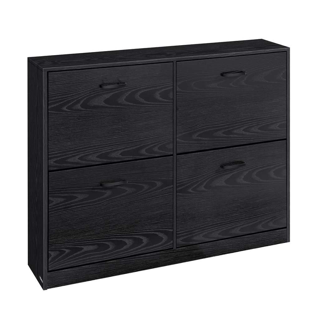 A black shoe cabinet with four flip-down doors.