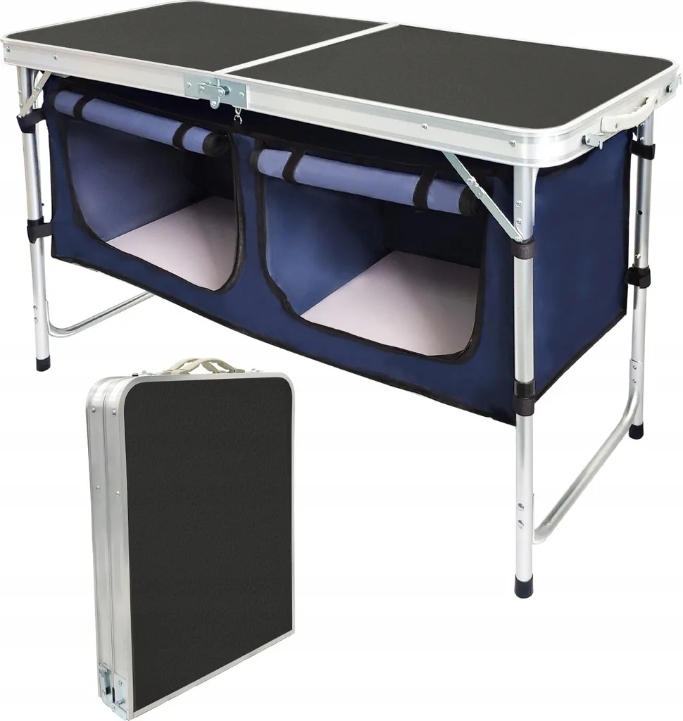 Table de camping XL 120x50 cm en aluminium stable avec rangement intégré