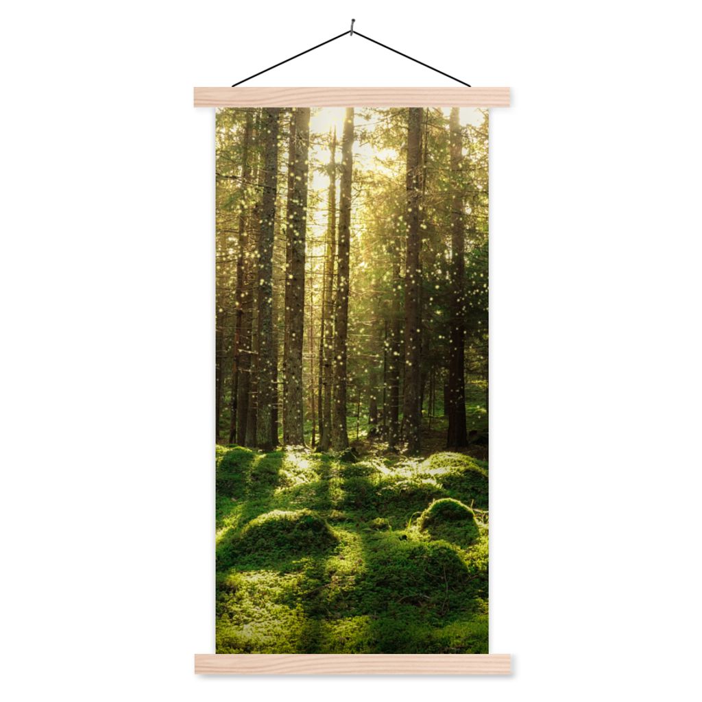 MuchoWow Textilposter Bäume - Wald - Moos - Pflanzen - Sonne - Natur 60x120 cm mit holzfarbenen Rahmen - Holz