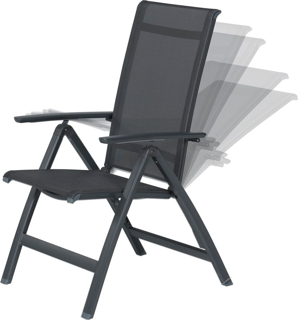 A dark grey folding garden chair with multiple reclining positions shown.