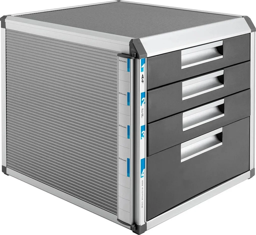 Cassettiera da scrivania - Organizer da scrivania con 4 cassetti - Chiudibile a chiave - Lega di alluminio e MDF - Dimensioni 31,5×35×29,8 cm - Altezza cassetti 10/5 cm - Argento