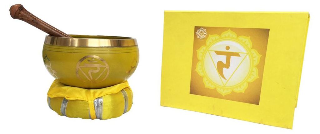 Klangschalen Set „Manipuram Chakra“ gelb mit Klöppel & Kissen 12cm ca. 500g