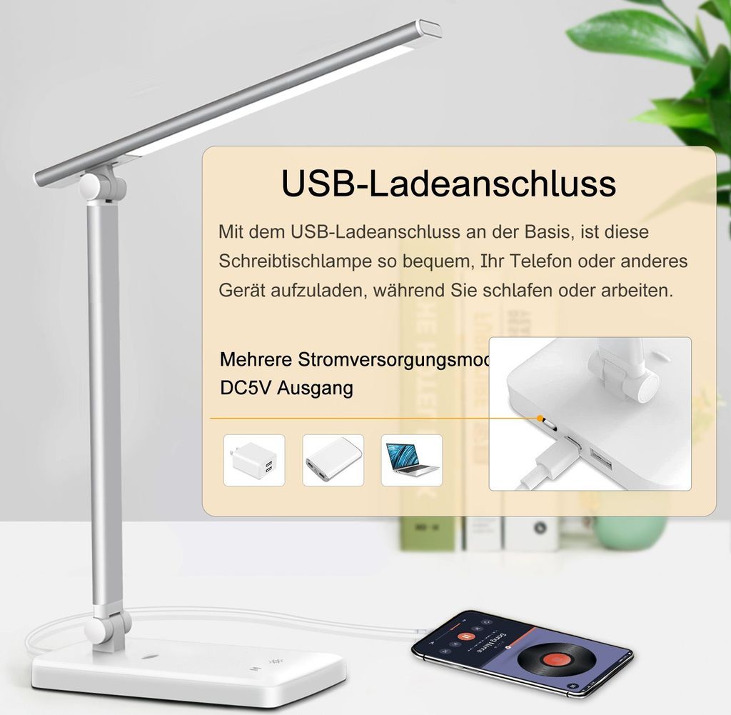 Schreibtischlampe, 42 Lichtperlen 8W LED Schreibtischlampe  5 Farb und 5 Helligkeitsstufen Dimmbare Tischleuchte , USB-Anschluss Tischlampe Weiß