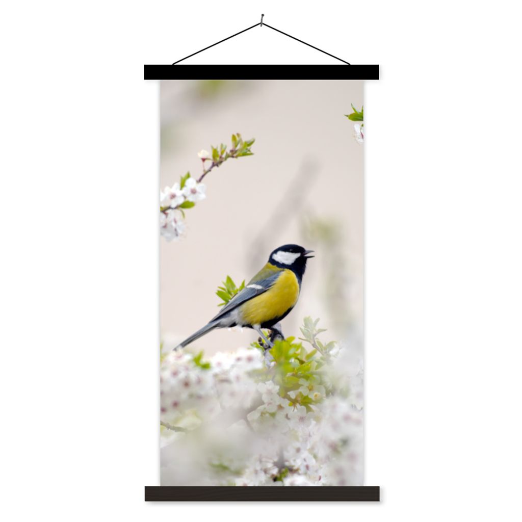 MuchoWow Textilposter Vogel - Kohlmeise - Blumen - Blütenbaum 60x120 cm mit schwarzem Rahmen - Magnete