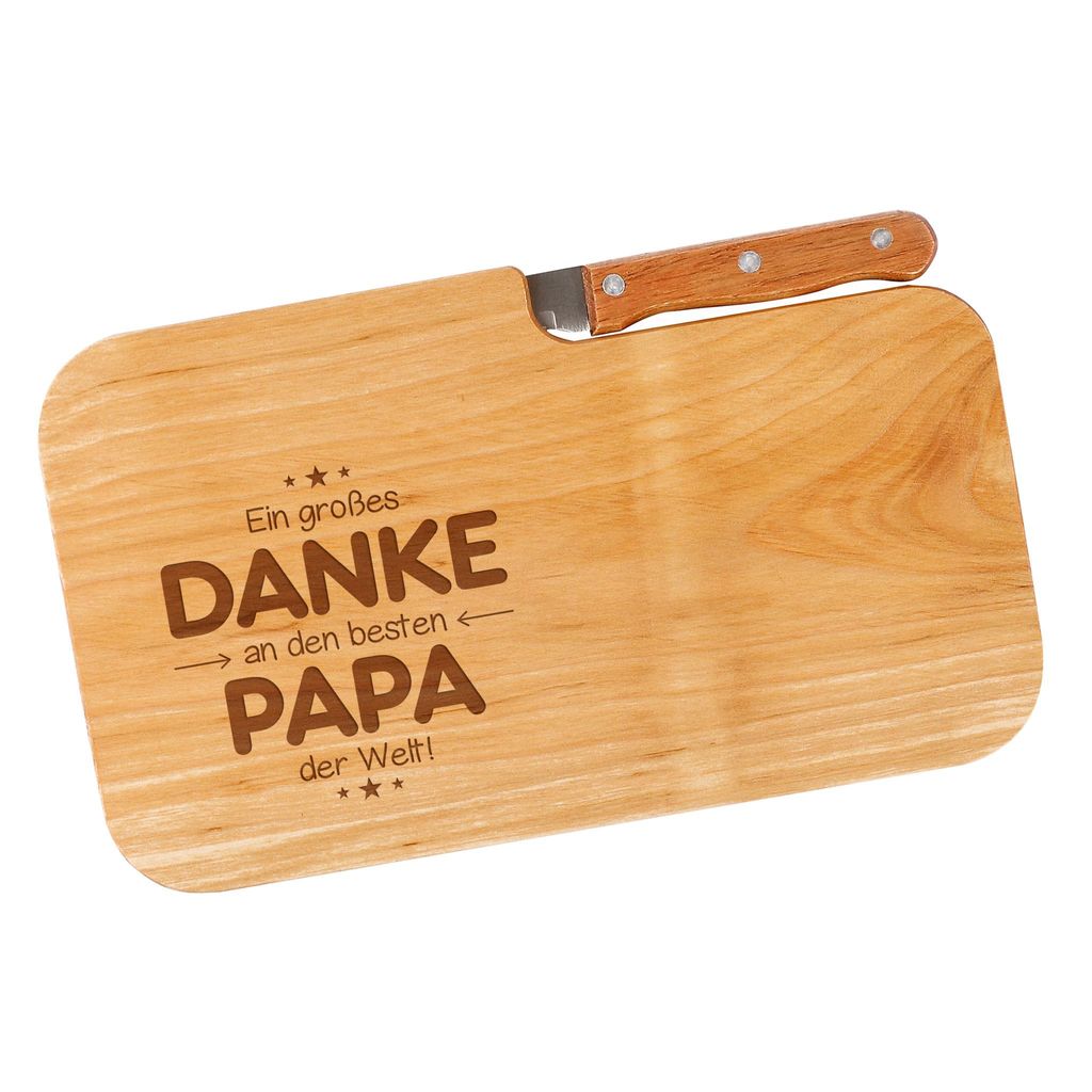Frühstücksbrett mit Gravur und integriertem Messer – Geschenkidee für Männer mit verschiedenen Motiven (Danke Papa)
