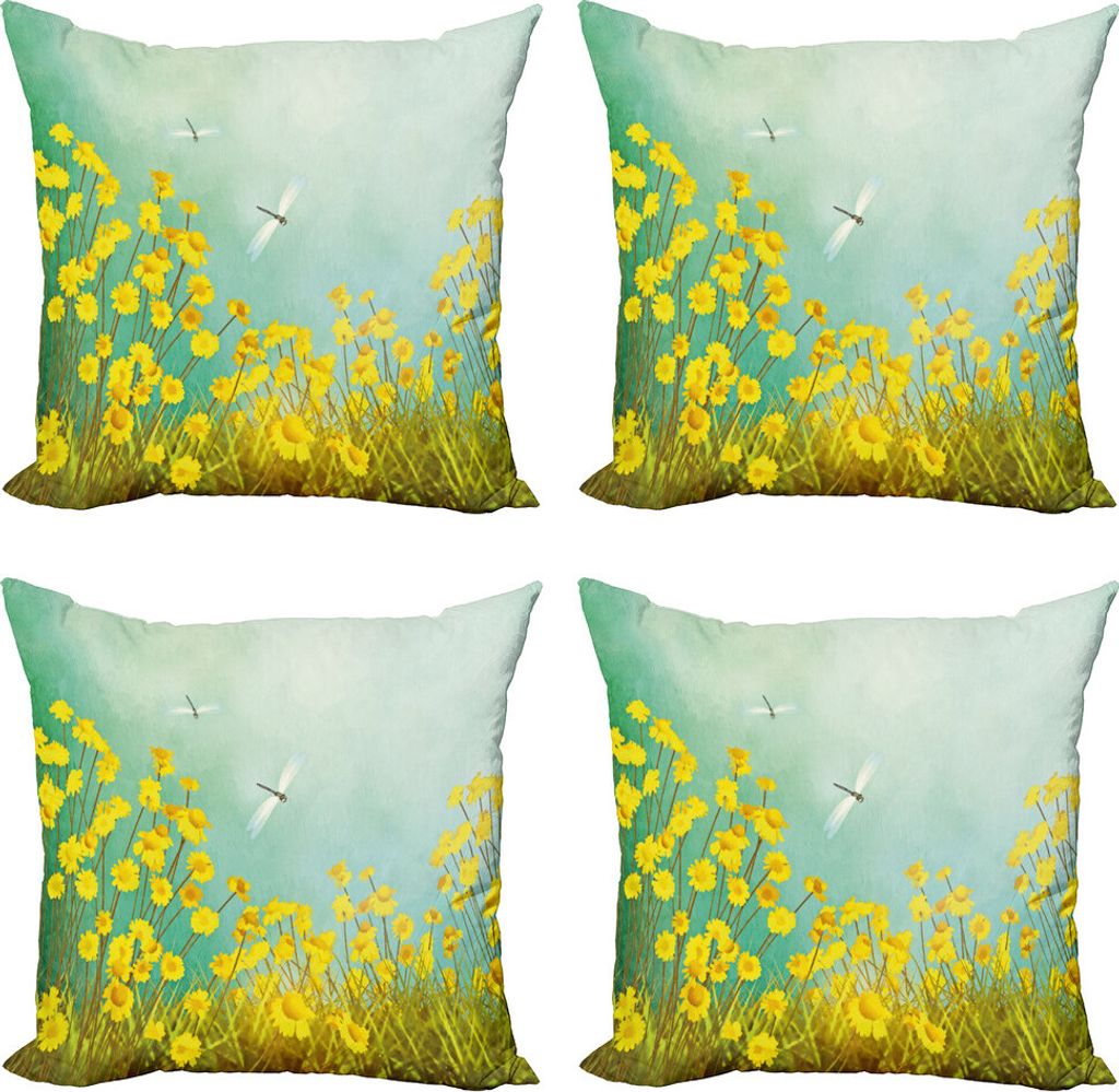 ABAKUHAUS Libelle Kissenbezug Set (4 Stück), Gänseblümchen und Libellen, Moderner Doppelseitiger Digitaldruck, 60 cm x 60 cm, Grün Gelb