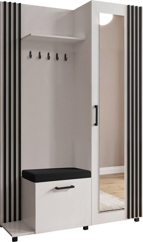 Garderoben-Set im Skandi-Stil mit Spiegel, Sitzbank, Schuhablage & Haken – Flurgarderobe 137 cm in Schwarzen Lamellen-Optik mit Ablage und Staura...