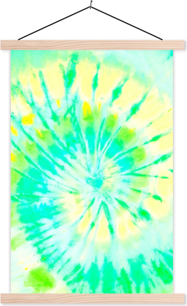 MuchoWow Textilposter Krawattenfärbung - Sommer - Grün - Gelb 120x180 cm mit holzfarbenen Rahmen - Textil-Plakat