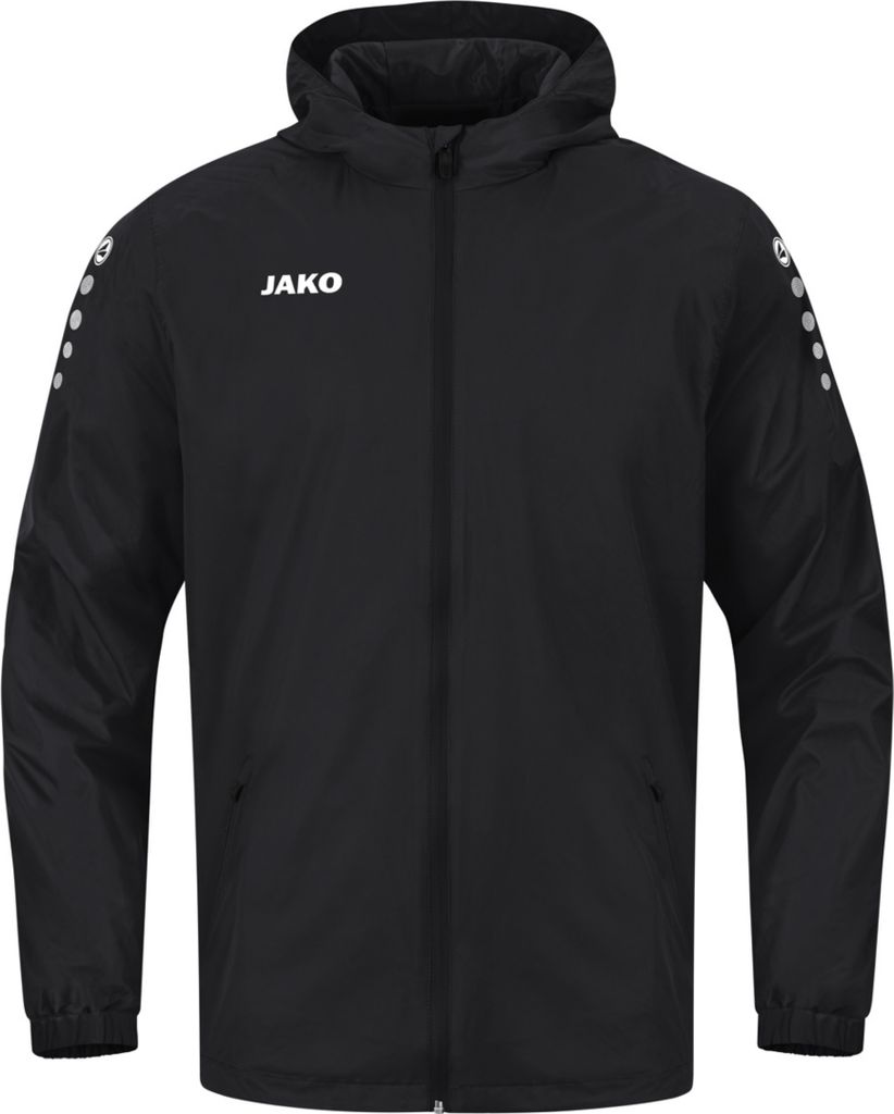 A black hooded jacket with white accents on the sleeves and a white logo on the chest.