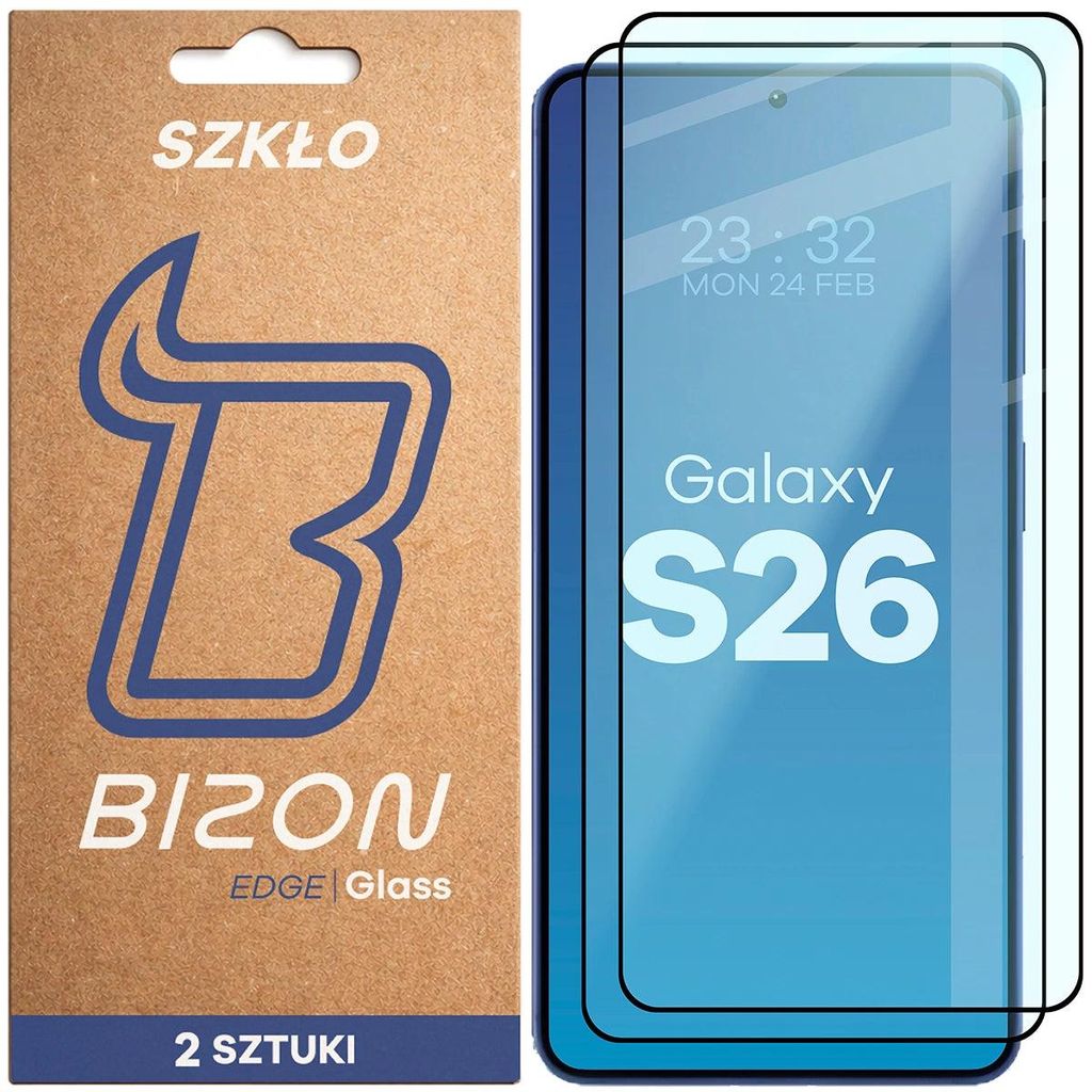 2x Gehärtetes Glas für Galaxy S26, Bizon Glass Edge Duo, Schwarzer Rahmen