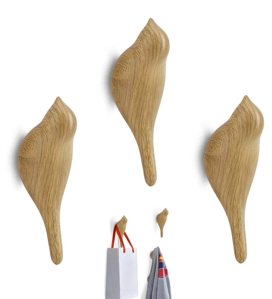 Patère murale en bois naturel lot de 3 supports de vêtements chêne