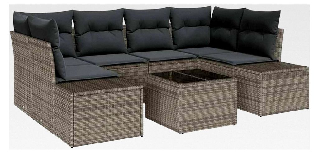 7-teiliges Garten-Sofa-Set mit Kissen Grau Poly-Rattan Lounge Sofa Outdoor