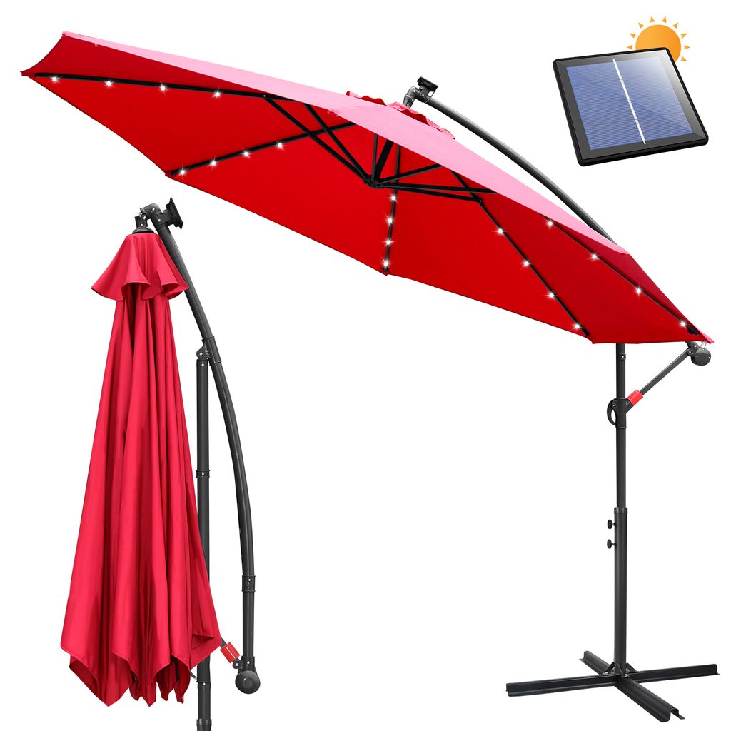 TolleTour Sonnenschirm mit LED Beleuchtung Ampelschirm 300 cm Garten Schirm mit 24 LED-Lämpchen UV-Schutz Kurbelschirm Ständer Gartenschirm Markt...