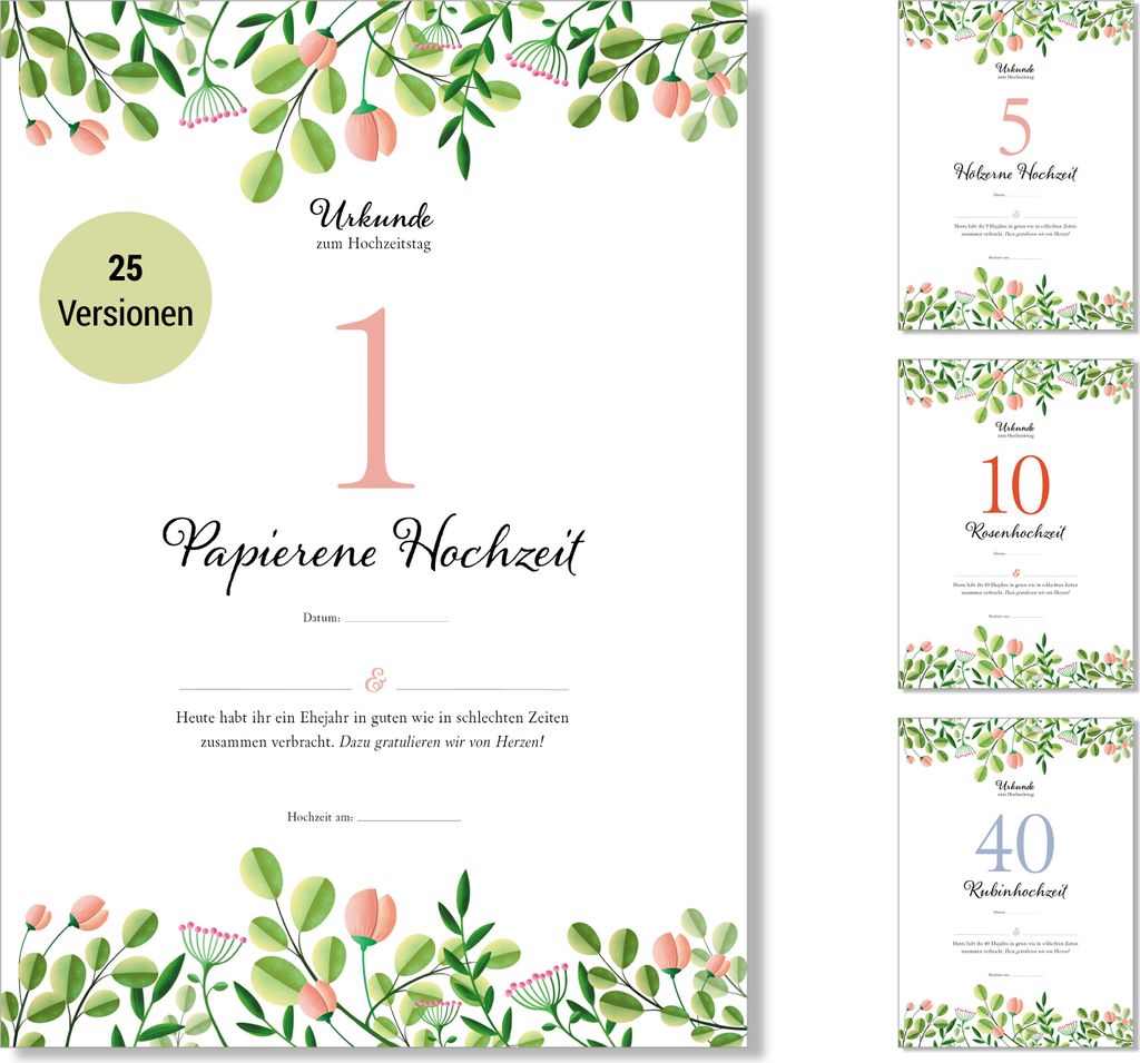 Frank Paperman | Geschenk zum 1. Hochzeitstag | Ehejubiläum | Papier Hochzeit | Urkunde Hochzeitstag | floral | Vordruck im DIN-A4-Format
