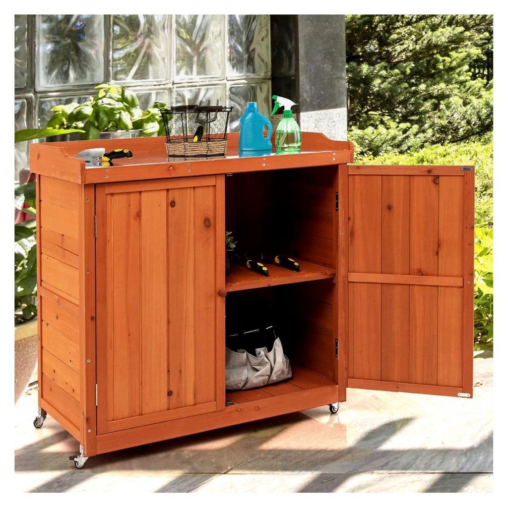 Gartenschrank aus Holz, Lagerschrank für den Garten, Holzschrank mit herausnehmbarem Regal, Stahlplatte, Geräteschrank auf Rollen, Gerätehaus, G...