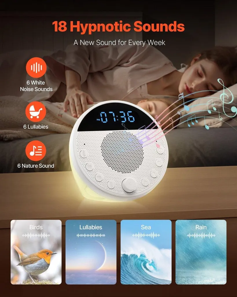 Sound Machine, 18 suoni rilassanti per dormire, luce notturna a 7 colori, macchina del rumore bianco 6 in 1 con doppio allarme, APP, timer di spegnimento automatico e funzione di memoria, per neonati, adulti, casa, ufficio e viaggi - 2