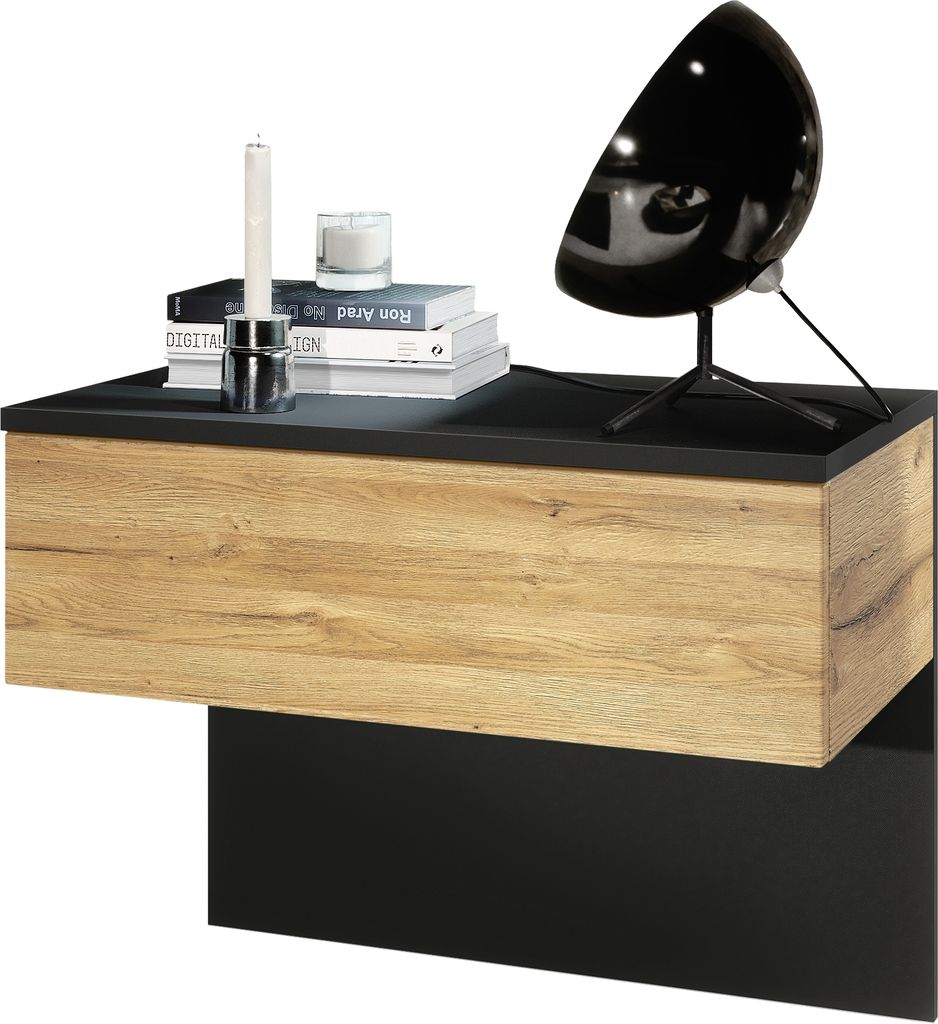 Vladon Nachttisch Sleep, Germany, Nachttischschrank mit Schublade zur Wandmontage, Schwarz matt/Eiche Natur (60 x 46 x 35 cm)