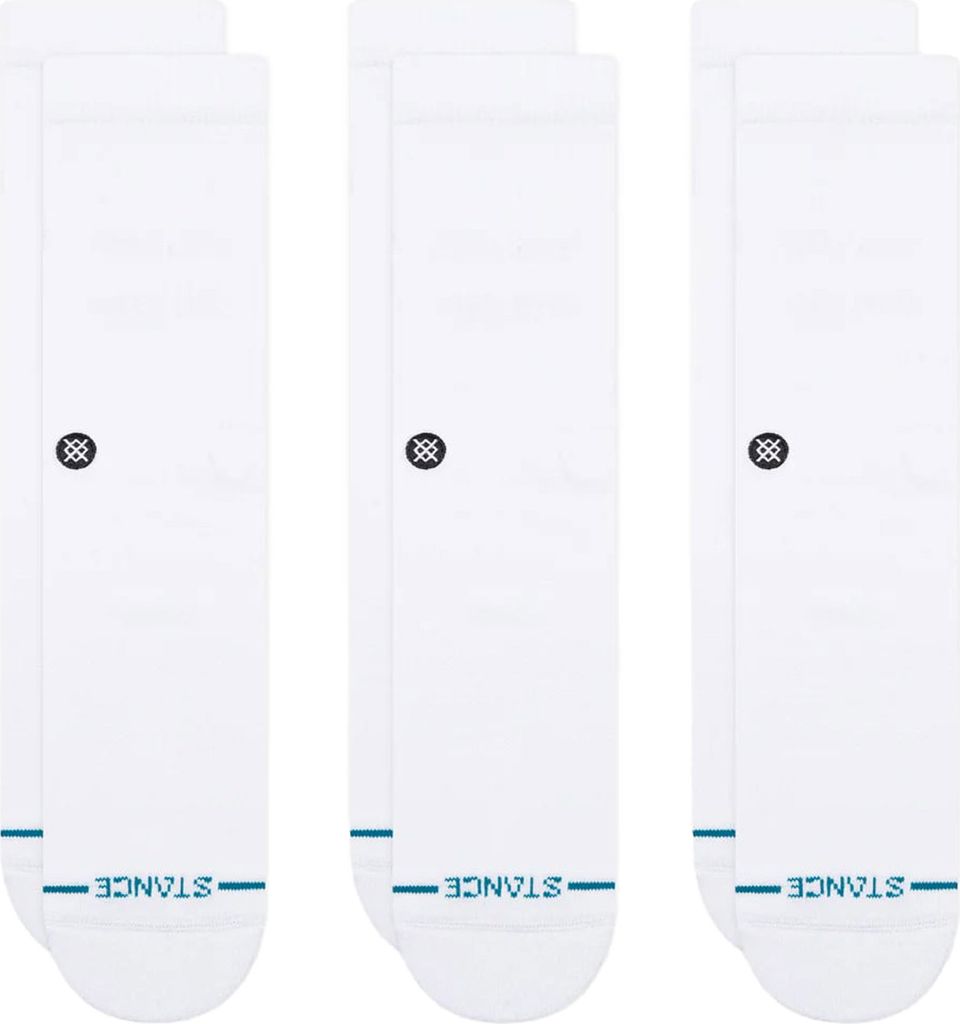 Three pairs of white socks are arranged vertically against a white background.