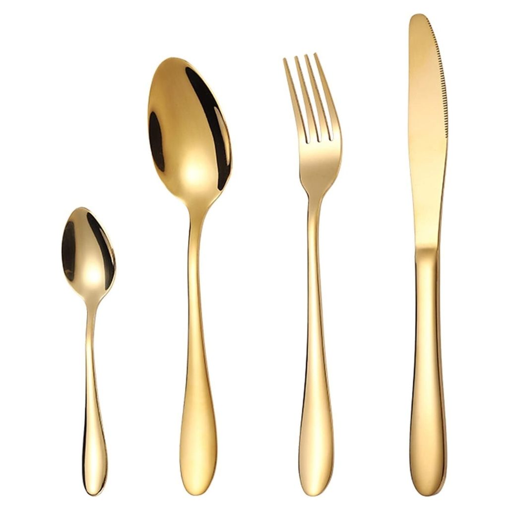 A set of four gold-colored cutlery items arranged in a line against a white background.
