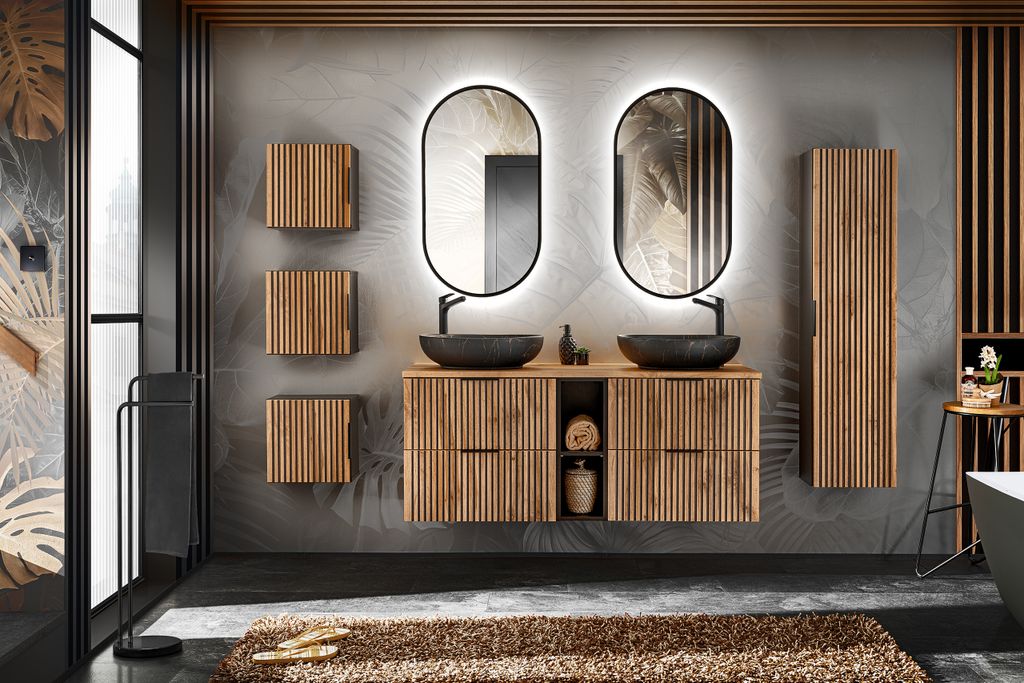 MONTIERT Design Badmöbel Set XILO 140 cm mit 2 Waschbecken LED Soft-Close komplettes Badmöbel Set
