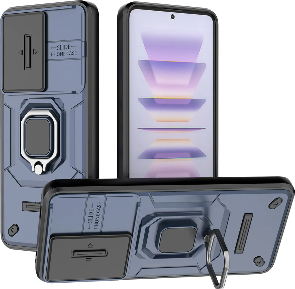 Custodia per Xiaomi Poco F5 Pro/Redmi K60 a doppio strato con protezione scorrevole della fotocamera e supporto ad anello, supporto blu