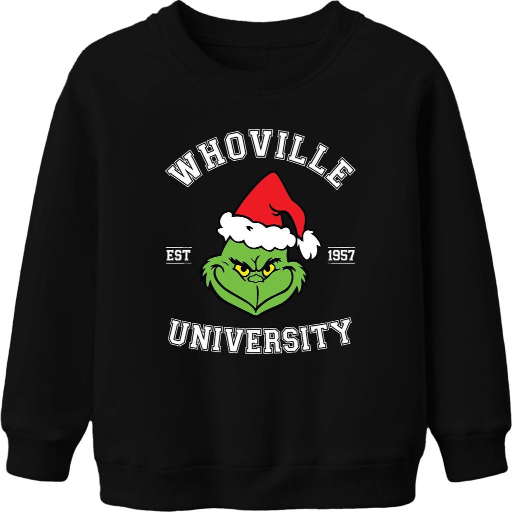 WHOVILLE UNIVERSITY Grinch Weihnachten Lustig Geschenk 1957 Retro Uni Kinder Sweatshirt Pullover, Schwarz, 104