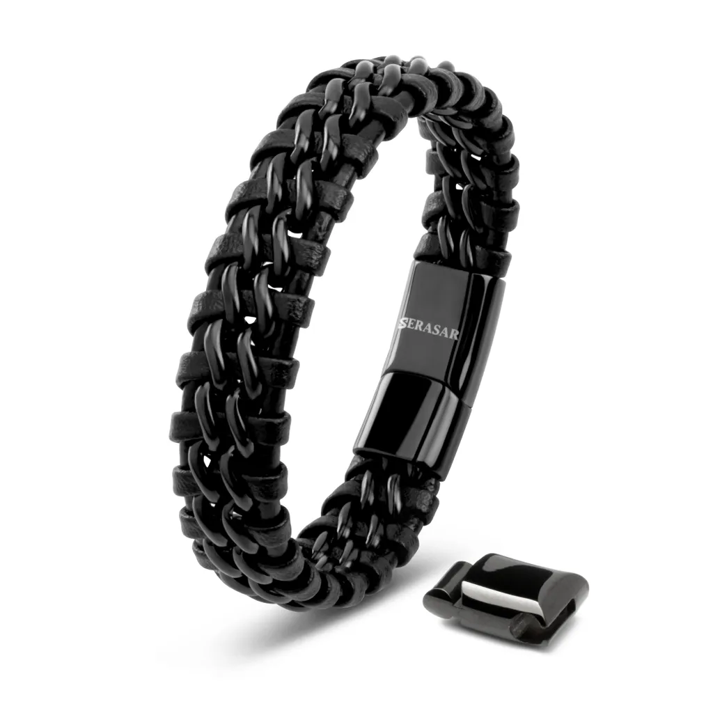 Bracciale Uomo Pelle Nera SERASAR 17cm - Acciaio e Magnete Premium