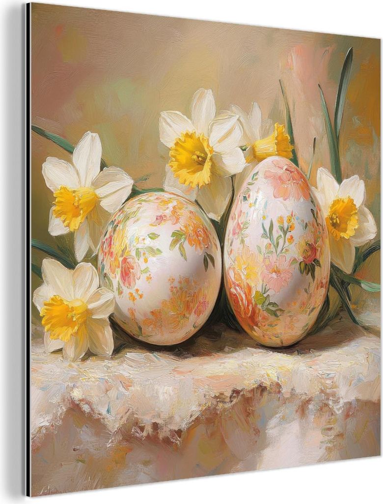 MuchoWow Wanddekoration Metall Metallbild Wandkunst 50x50 cm Blumen - Eier - Bemalt MuchoWow Aluminium Gemälde - Alubild - Industrial