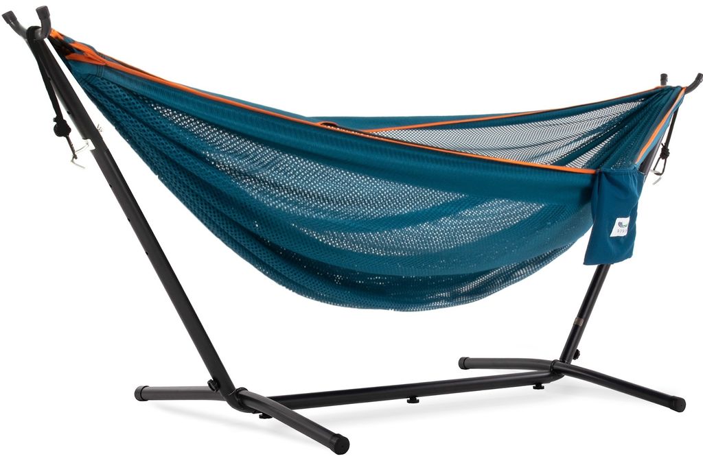VIVERE Hängematte aus Polyester Mesh mit Gestell 280 cm – 180 kg Belastung - Blau/Orange