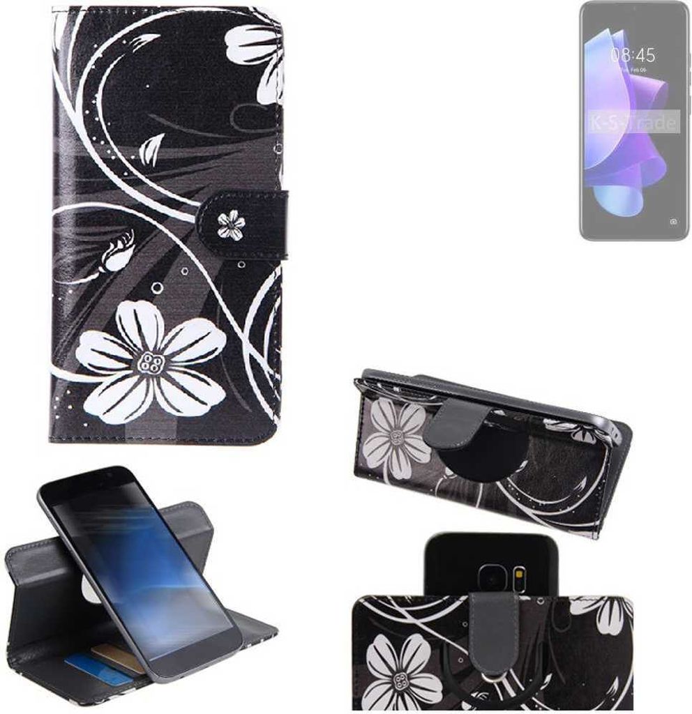 K-S-Trade Schutzhülle Handyhülle kompatibel mit Tecno Pop 7 Pro Hülle 360° Wallet Case “Flowers“ Klapphülle Hülle schwarz-weiß 1x