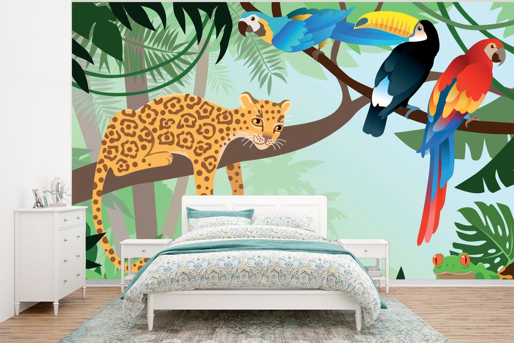 MuchoWow Fototapete für Wohnzimmer oder Schlafzimmer Wandtapete Vinyl Motivtapete Dschungeltiere - Tukan - Jungen - Mädchen - Leopard - 350x260...