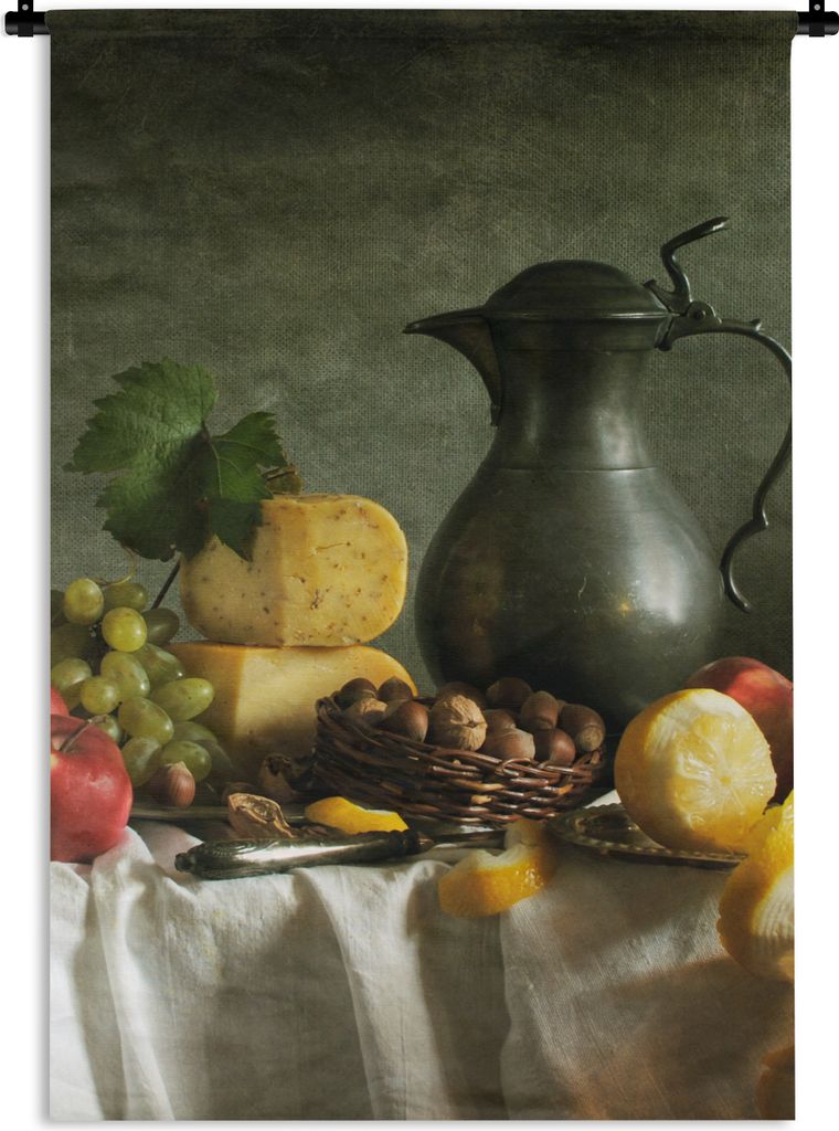 MuchoWow Wandteppich Wandbehang Rustikal - Käse - Teekanne - Obst - Stilleben 120x180 cm Tapisserie Dekoration Wandtuch - Schlafzimmer - Dekorat...