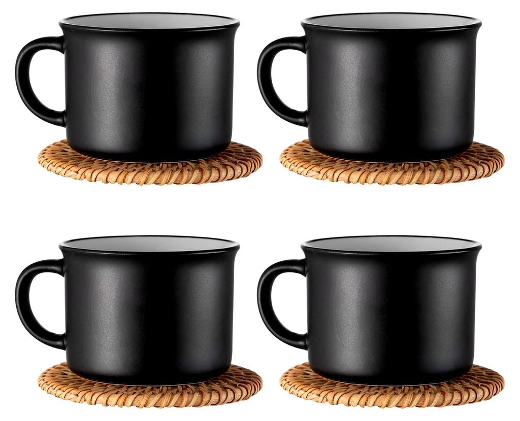 Cappuccino Tassen Set 4 Stück Steingut 180ml, 8-teiliges Kaffeeservice, Tassen mit Untertassen in Vintage Schwarz