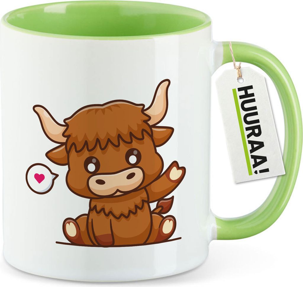 Huuraa Kaffeetasse Schottisches Hochlandrind Zottelrind 330ml Grün Keramik Kaffeebecher Geschenkidee