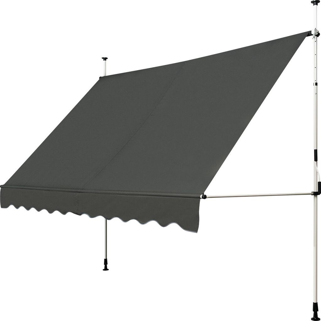 A gray awning extended from a white pole against a white background.