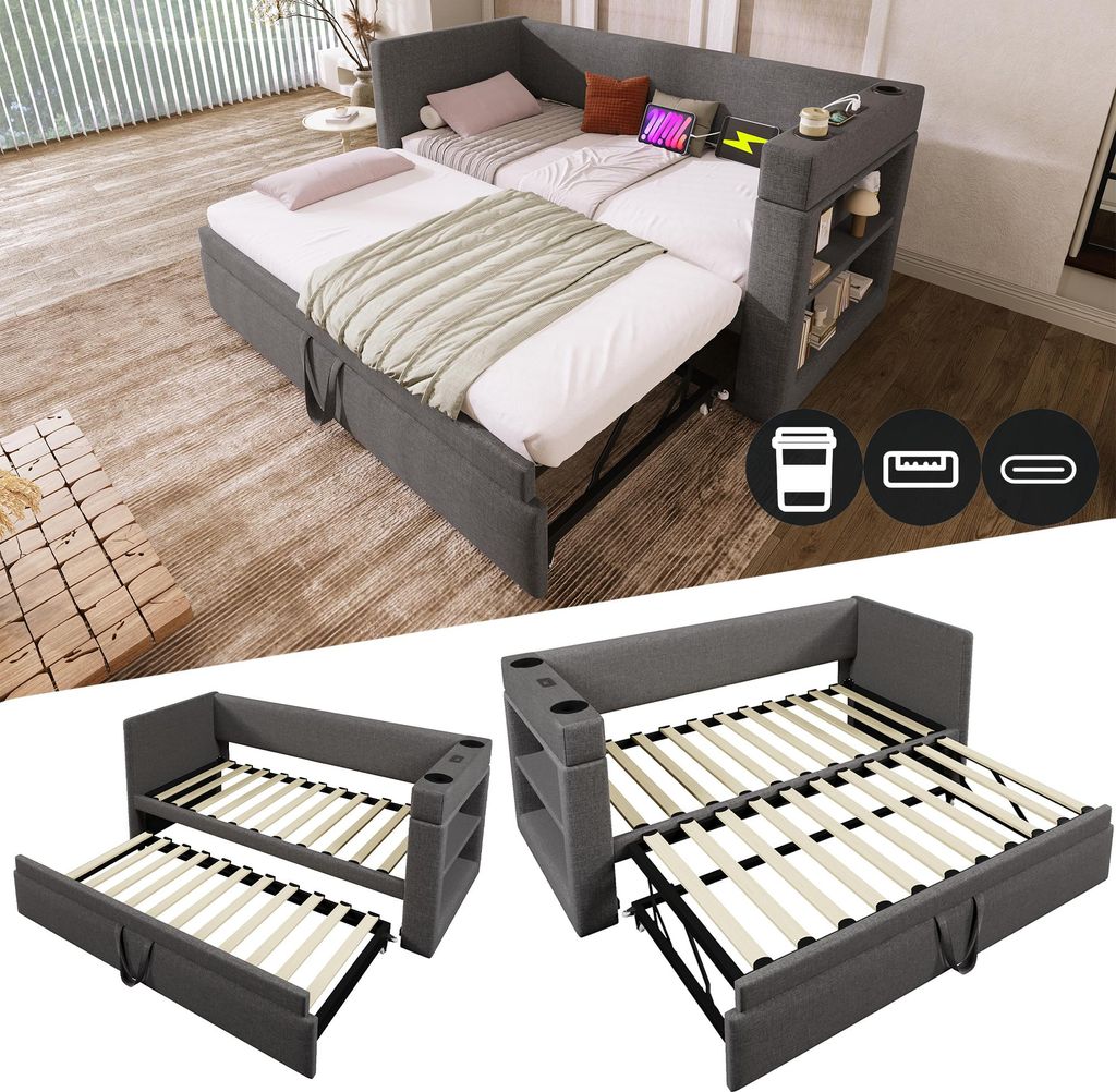 Sweiko Polstertes Daybett 90x190 cm, Einzelbett Schlafsofa mit Ausziehbett, Armlehnen mit USB- & Type-C-Ladeanschluss und Getränkehalter, Leinen-M...