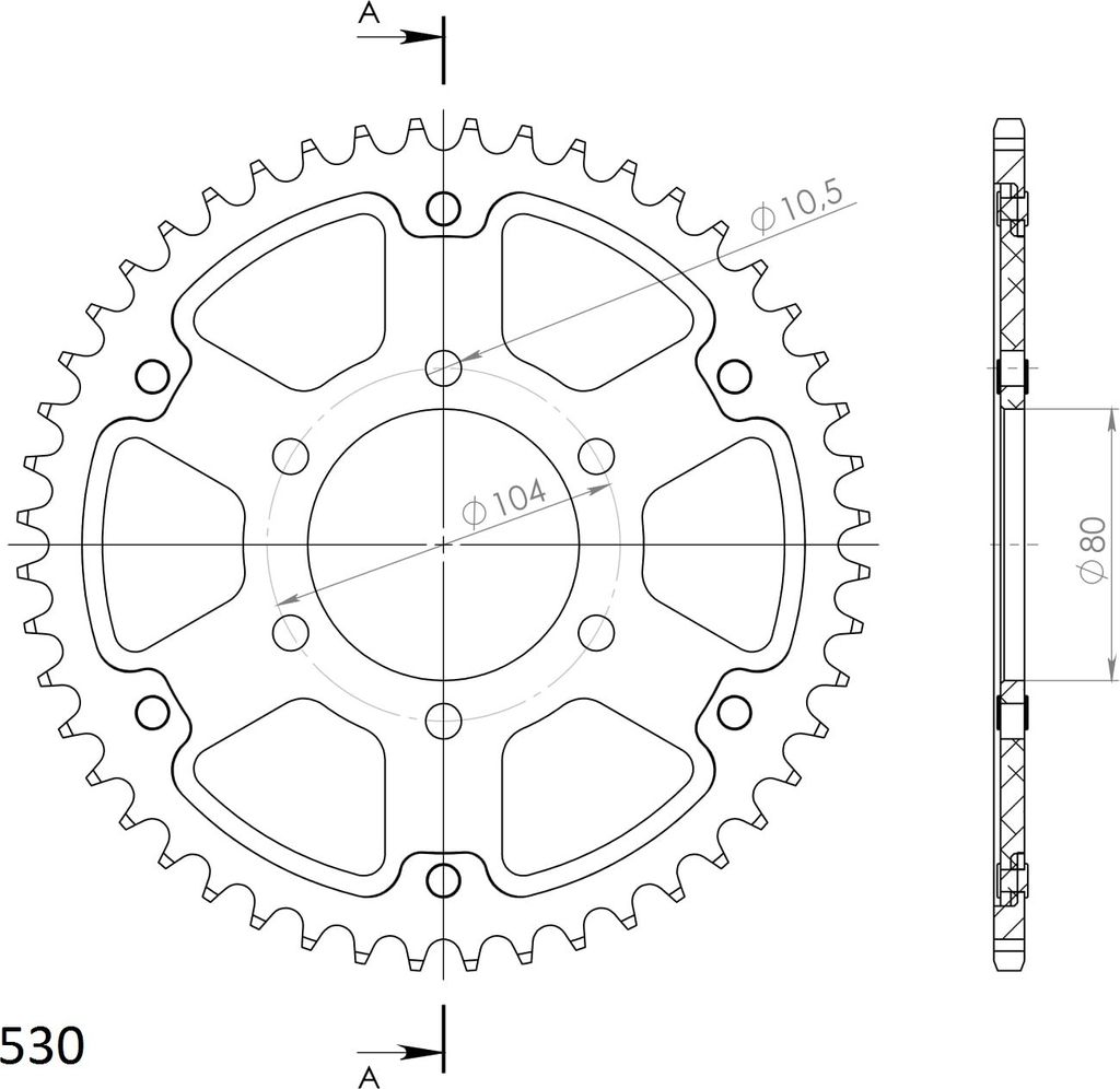 Stealth-Kettenrad Supersprox 530 - 45Z (gold) RST-488:45-GLD|ID 80,0 LK 104,0 6-Loch