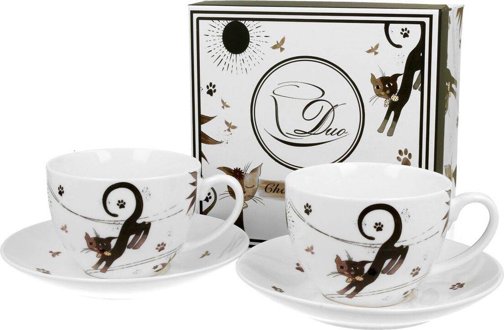 DUO ANIMALS 2er-Set Tassen 280 ml CHARMING CATS mit Untertassen, New Bone China Porzellan