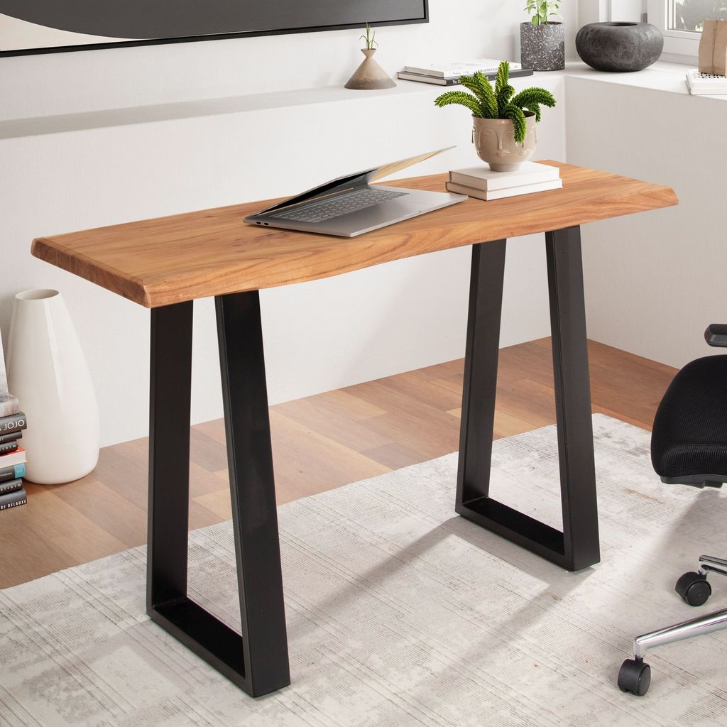 FineBuy Schreibtisch 118x41x76,5 cm Akazie Massivholz / Metall Computertisch Baumkante Homeoffice Bürotisch Massiv Schmal Holztisch Laptoptisch