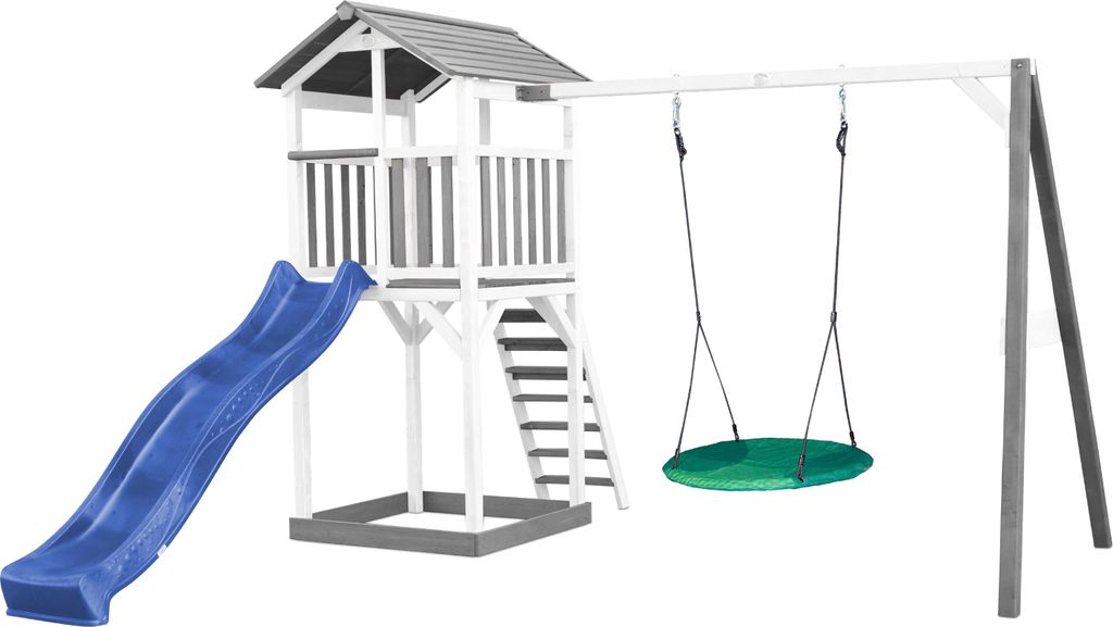 AXI Beach Tower Spielturm aus Holz in Weiß & Grau | Spielhaus für Kinder mit blauer Rutsche, Nestschaukel und Sandkasten | Stelzenhaus für den G...