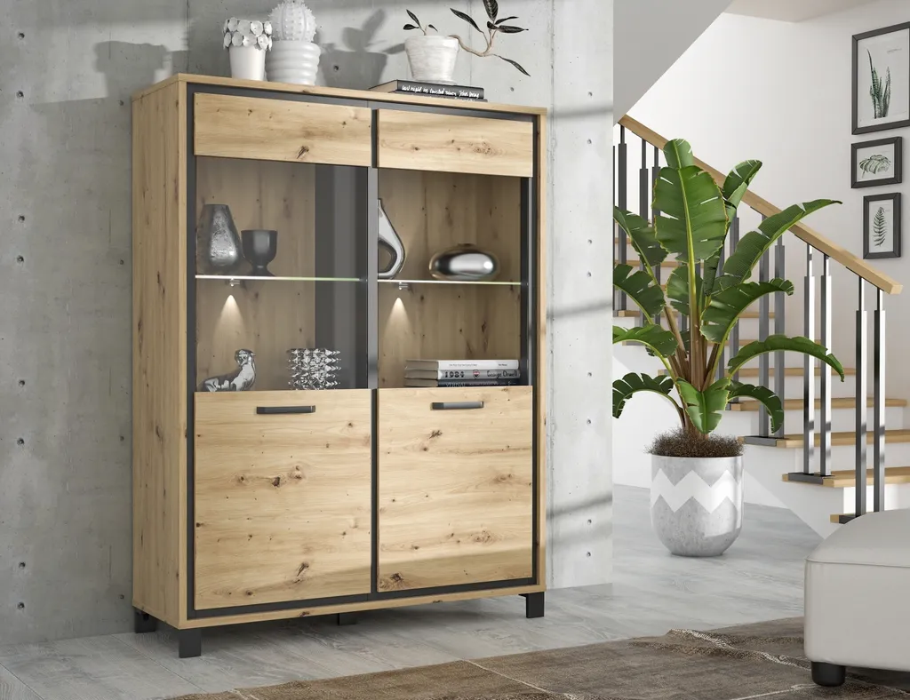 Grand Buffet Haut Trondheim en Bois et Métal Noir - Armoire de Salon